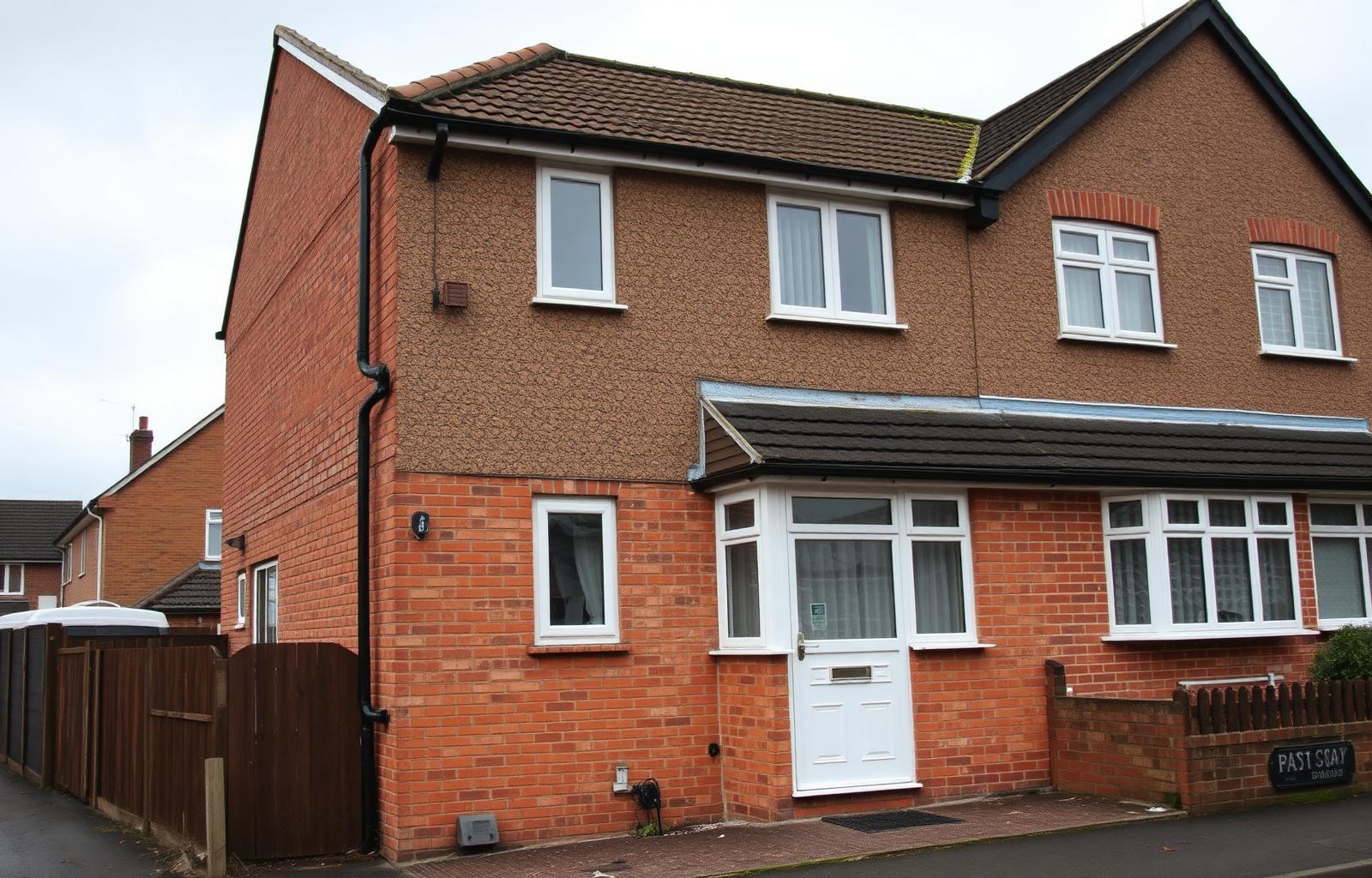 Pebbledash being removed from a 1970s semi-detached house in West Swindon