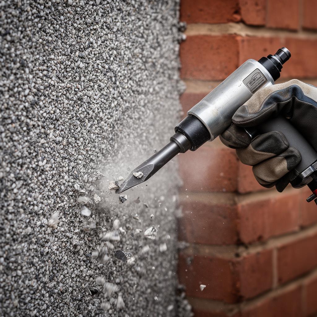 Pneumatic chisel removing pebbledash from a brick wall