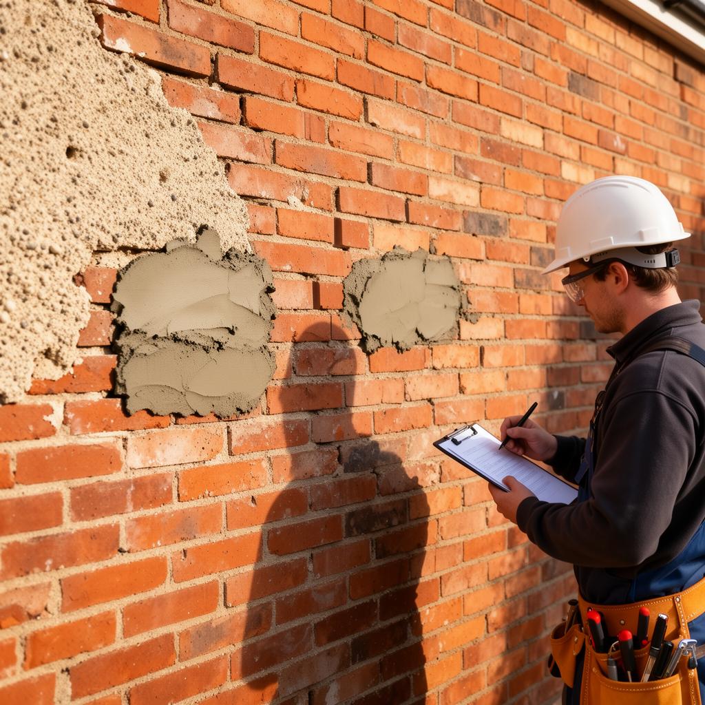 Tradesman inspecting brickwork after pebbledash removal
